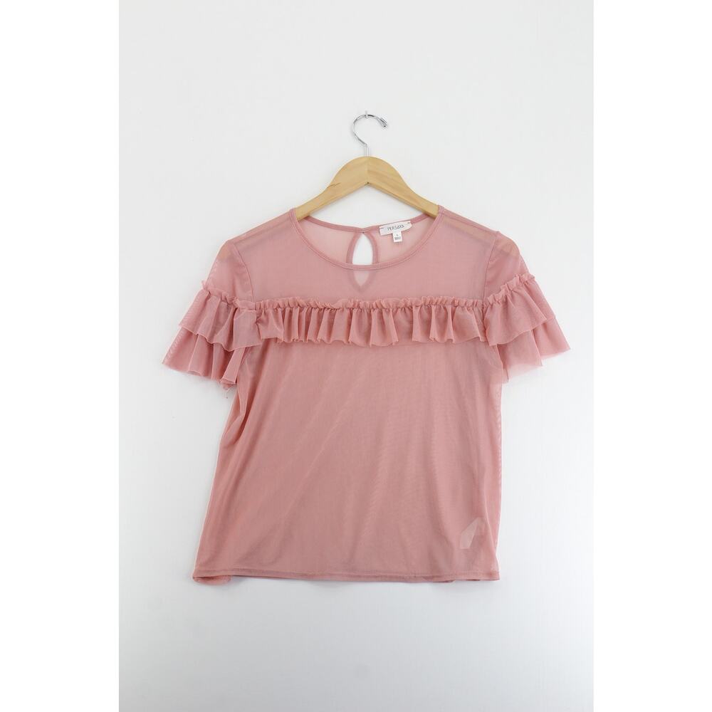 Persaya ruffle pink sheer t shirt‎ womens large dainty barbiecore feminine chic
